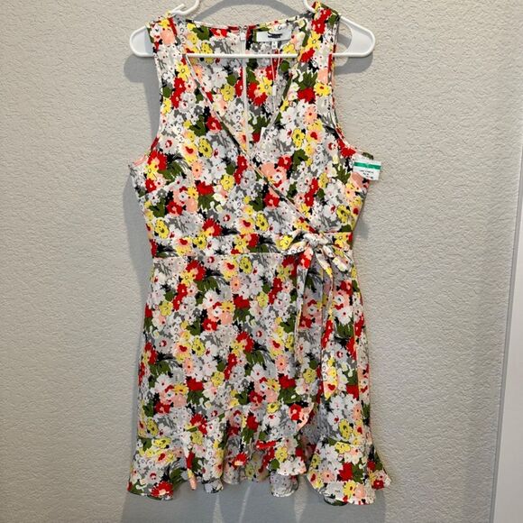 NWT Likely White Vibrant Floral Faux Wrap Sleeveless Ruffle Mini Dress - Size 8 - Picture 3 of 9